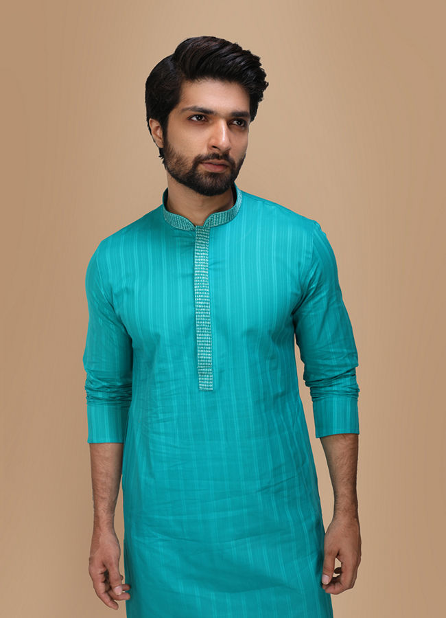 alt message - Manyavar Men Refreshing Green Kurta Pajama Set image number 0